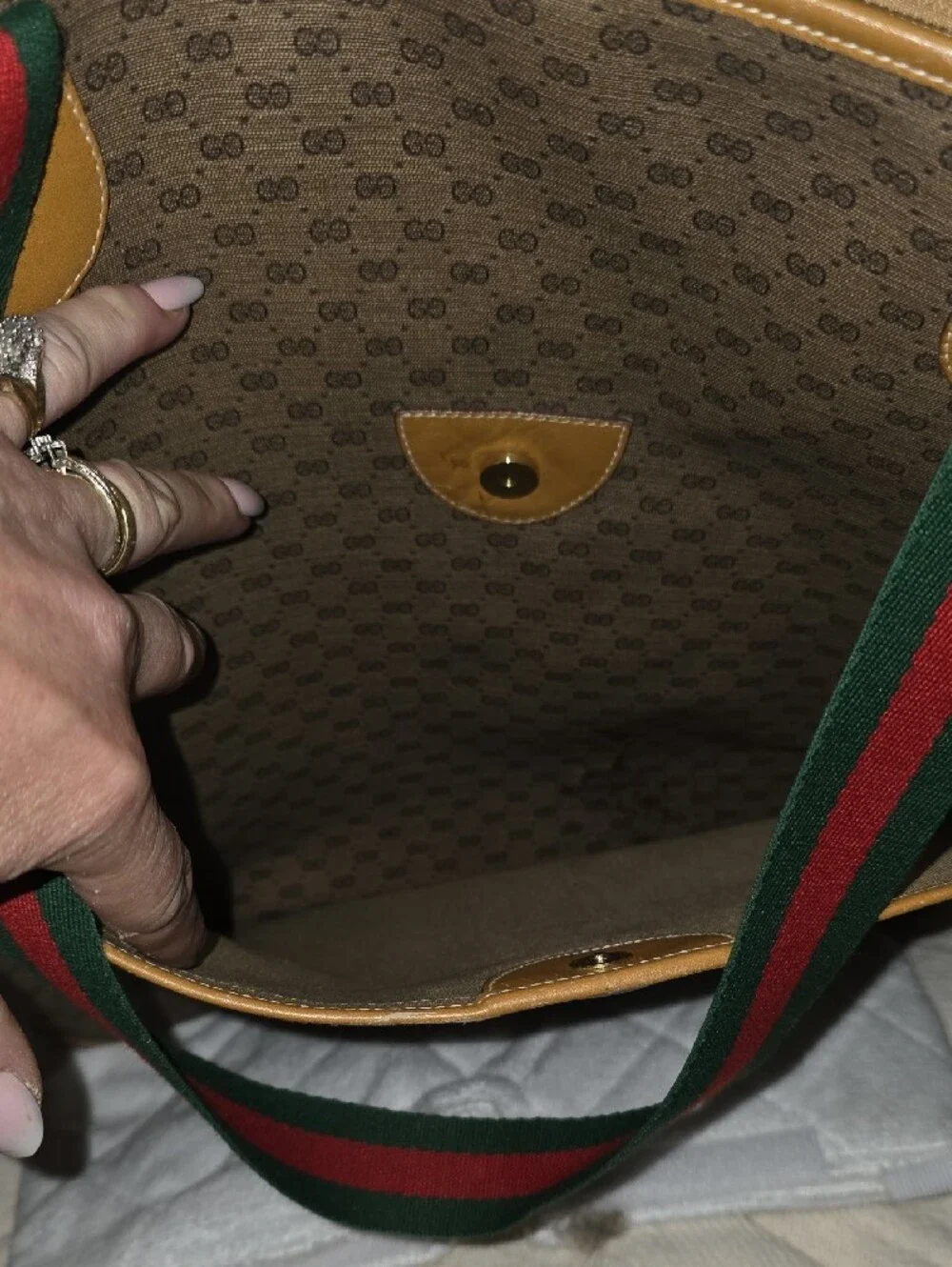 Gucci Brown GG Canvas Tote with Green and Red Web Straps, Vintage And Cared For